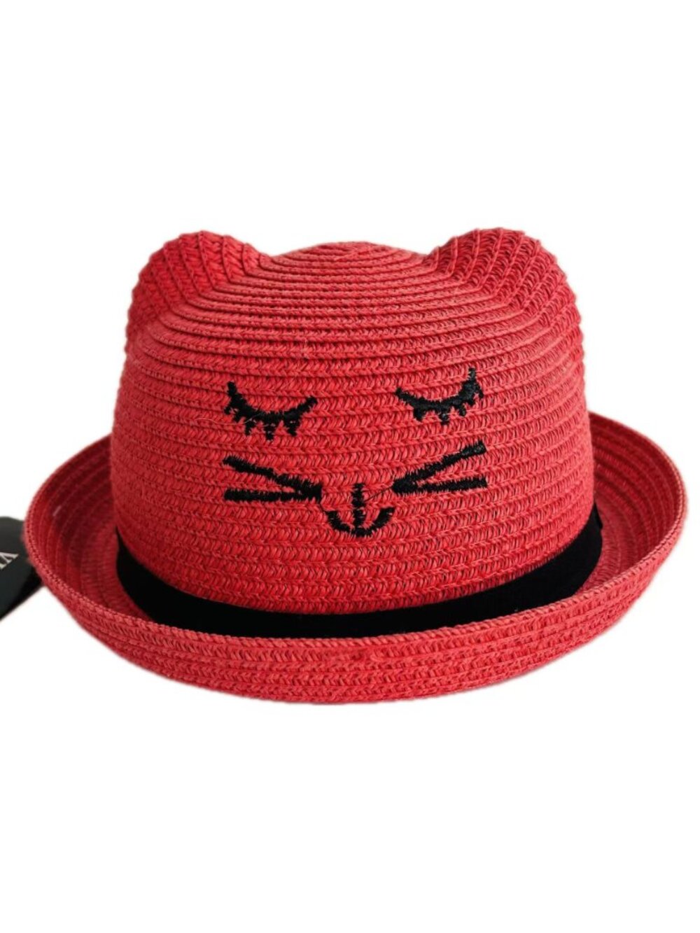 Kids Girls Cat Kitty Design Summer Beach Travel Cute Straw Hat Pinkish Red